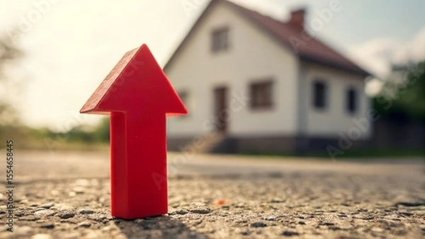 Obraz Upward Red Arrow Front of a House, Real Estate Growth and Property Value Concept