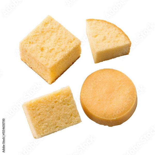 Fototapeta Sponge cake pieces in three shapes including a square cube, round disc, and semi-circle all isolated on a transparent background for food photography or culinary use.