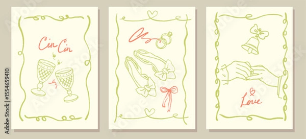 Fototapeta Vector hand drawn trendy summer wedding outline illustration poster. Elegant flat minimalist hand drawn modern art for wedding invitations, menu, graphics and design