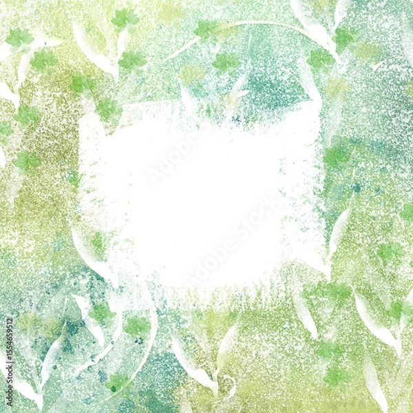 Fototapeta Ecological green textured border for text. Watercolor texture pattern in grunge style, creative card design, postcards. A delicate, summery, sophisticated frame for text, design, and invitations.