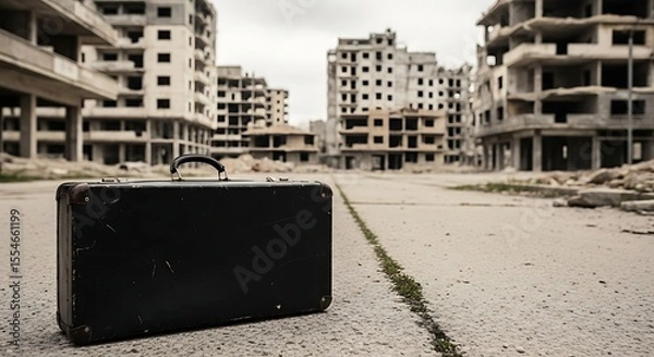 Fototapeta Old black suitcase on abandoned street with ruined buildings in background, representing travel, displacement, war, poverty, and isolation concept, immigration problem