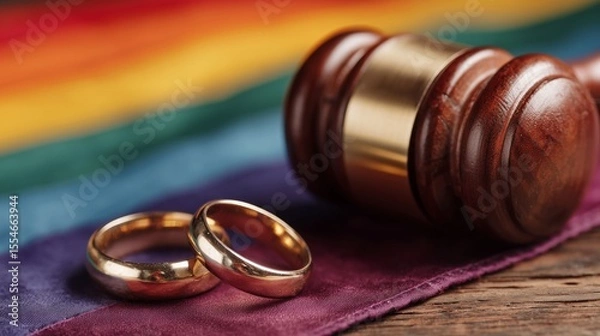 Obraz Marriage equality represented by wedding rings and judge gavel on pride flag symbolizing LGBT community rights and justice