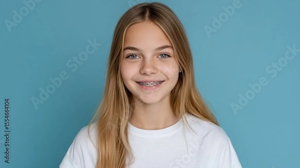 Obraz Smiling teenager with braces showcases joyful expression against a simple blue background