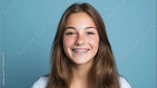 Obraz Smiling teenager with braces expressing joy on a plain blue background enhancing youthful charm