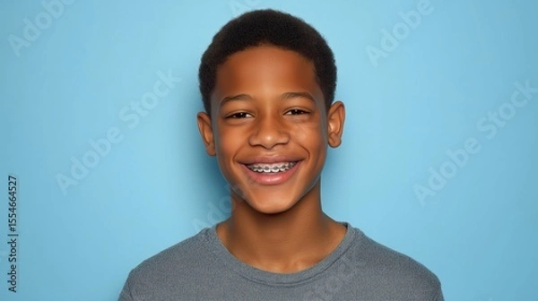 Obraz Teenager with braces smiling against a plain blue background showcasing bright expression and positive vibe