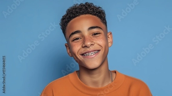 Obraz Smiling teenager with braces shows cheerful expression against a plain blue background