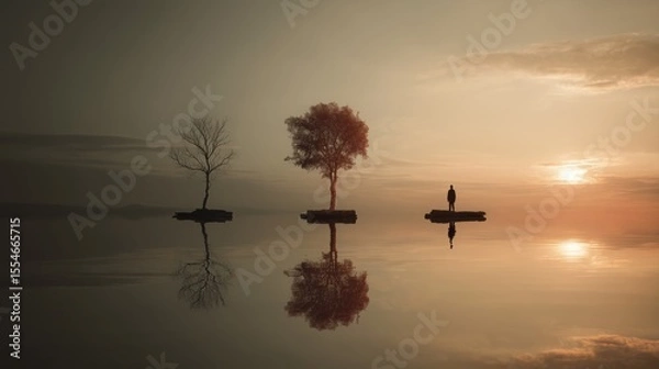 Obraz Symbolic journey of resilience and healing at dawn with trees and a lone figure by the water