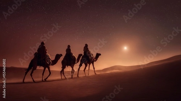 Obraz Three wise men journey through the desert at night on camels following a bright guiding star