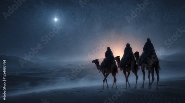 Obraz Three wise men journey through the desert at night on camels following a guiding star