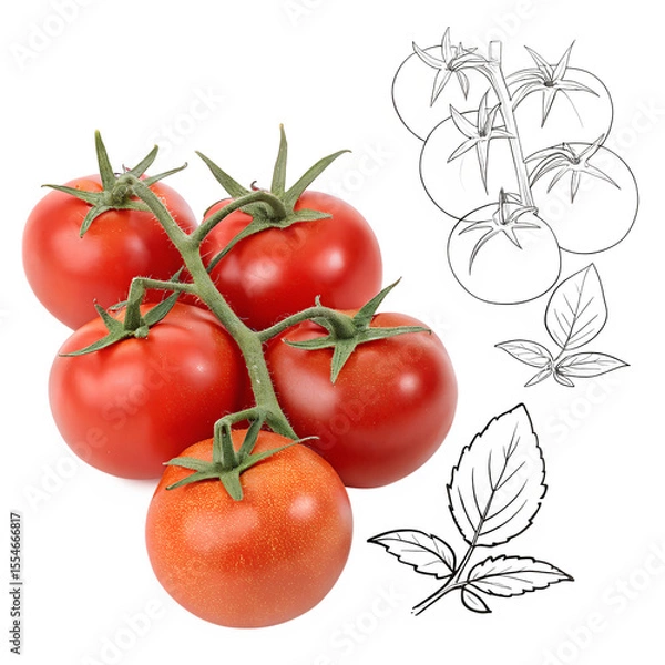 Fototapeta A line drawing of six tomatoes. Each tomato has a stem and a leaf. The tomatoes are all different sizes