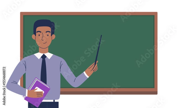 Obraz Young smiling black man teacher with a pointer in his hands stands at the blackboard. Vector illustration.