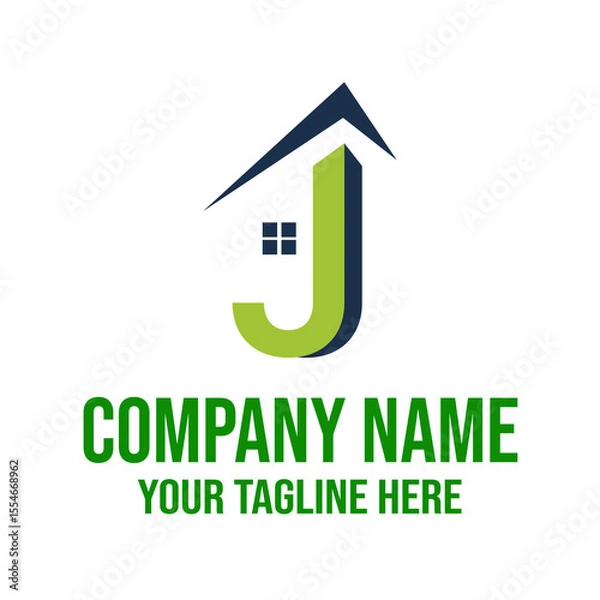 Fototapeta Logo featuring letter j with house roof and window above company name and tagline text