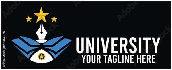 Fototapeta University logo with open book, pen and stars, representing education and knowledge, on black background