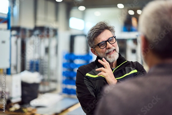 Fototapeta Confident Professional Discussing Business Concepts in a Modern Industrial Environment