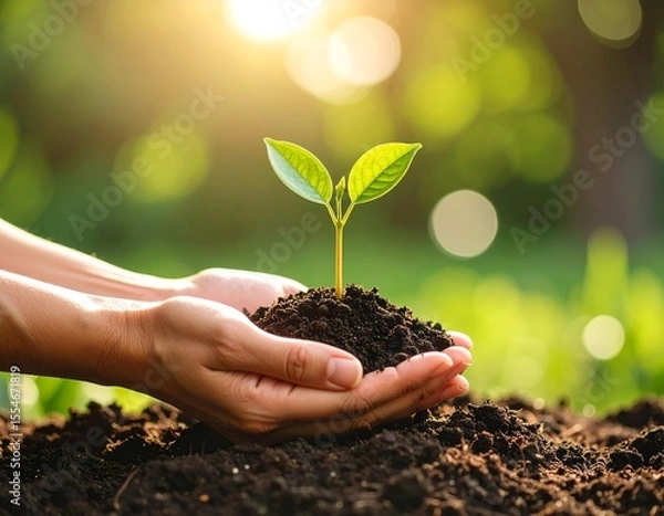 Obraz New Beginnings: Plant in Hand with Gentle Green Blurry Effect