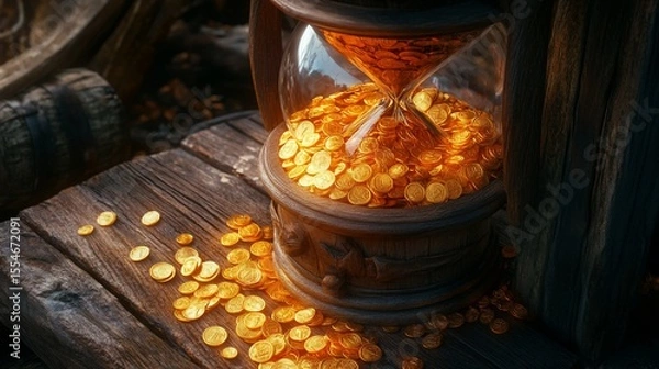 Obraz Golden coins fill a vintage hourglass on a weathered wooden surface