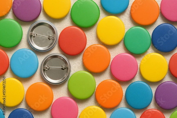 Obraz Colorful circular pins spread across a surface with two blank backs waiting for design