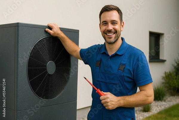 Obraz Skilled technician performs maintenance on air conditioning unit outside modern home on a sunny day