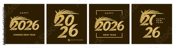 Obraz Happy Chinese New Year 2026! Festive postcard set with glittering zodiac horse designs. Celebrate the Year of the Horse with elegant Asian-inspired Lunar New Year greeting cards.