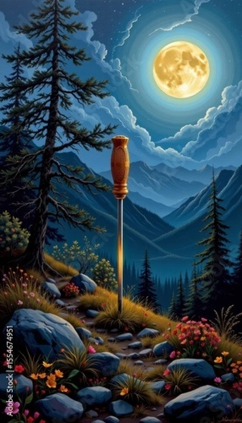 Fototapeta Glowing Screwdriver on Mountain Path at Night Under Full Moon