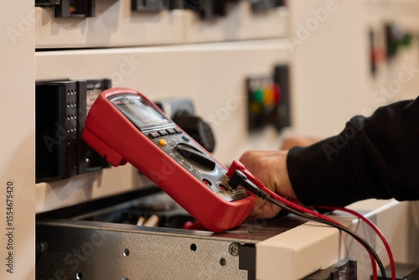 Fototapeta Electrician Testing Equipment with Digital Multimeter in Industrial Setting