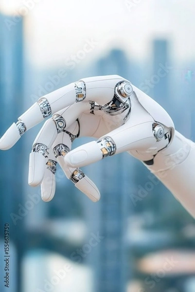 Obraz A robot hand is holding a white object