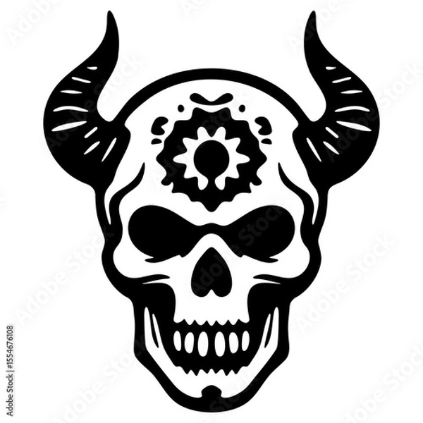 Fototapeta Skull silhouette with horns and a gear, creating a striking and edgy design.
