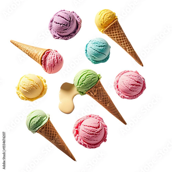 Obraz Rainbow Ice Cream In Waffle Cone, Generative AI
