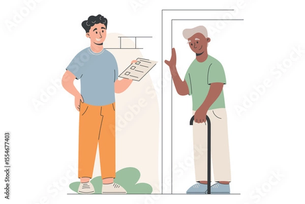 Fototapeta Flat Isolated cartoon vector illustration of a social worker or volunteer visiting an elderly man at home with a checklist. Concept of elderly care, support, and community help.