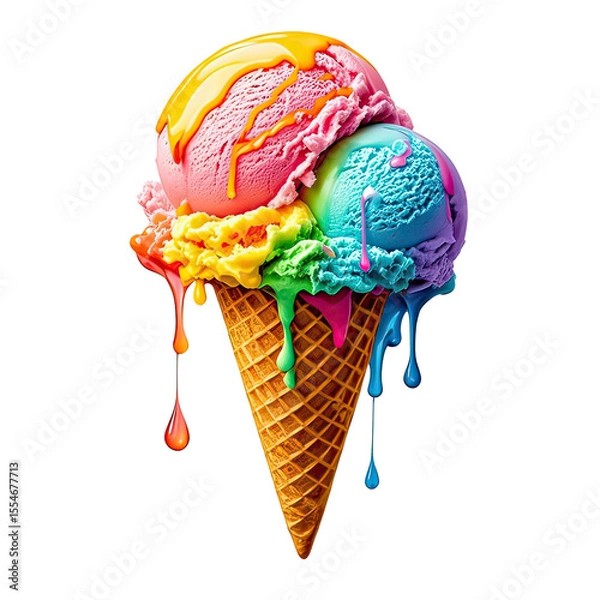 Obraz Melting Rainbow Ice Cream In Waffle Cone, Generative AI