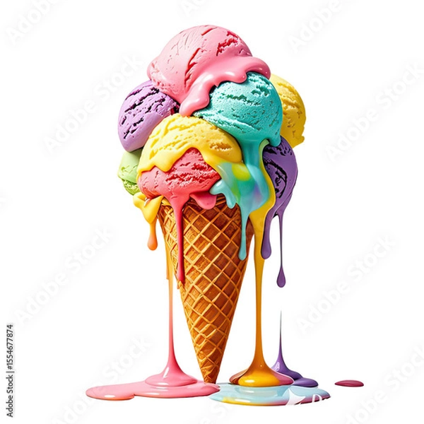 Obraz Melting Rainbow Ice Cream In Waffle Cone, Generative AI