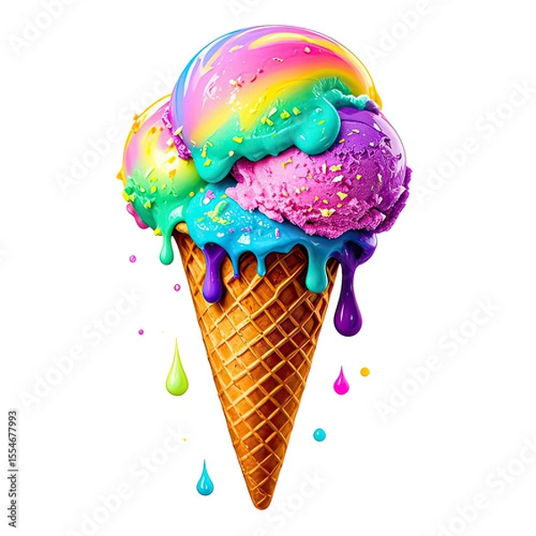 Obraz Melting Rainbow Ice Cream In Waffle Cone, Generative AI