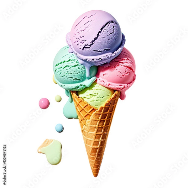 Obraz Melting Rainbow Ice Cream In Waffle Cone, Generative AI