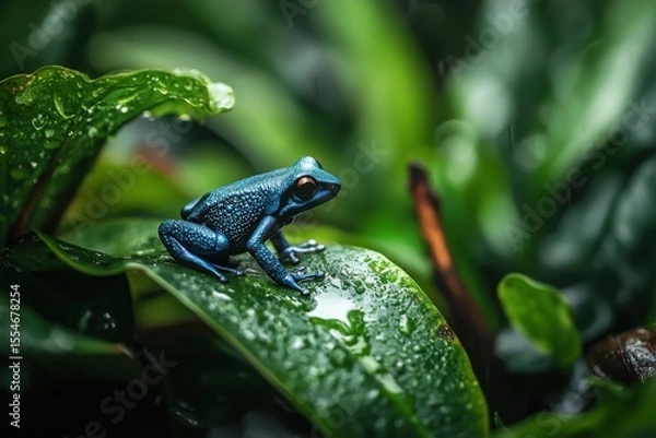 Fototapeta Bright blue poison dart frog resting on a leaf in a lush rainforest macro photography vibrant nature scene captured from a close-up perspective