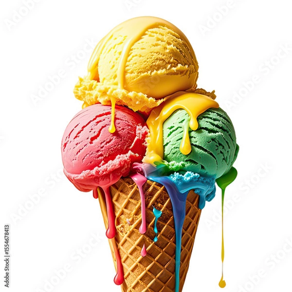 Obraz Melting Rainbow Ice Cream In Waffle Cone, Generative AI