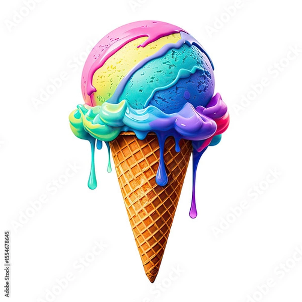 Obraz Melting Rainbow Ice Cream In Waffle Cone, Generative AI