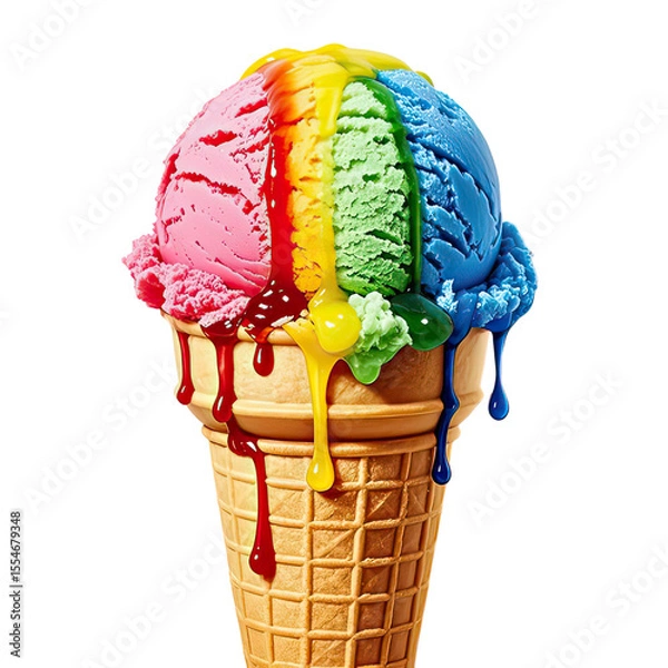 Obraz Melting Rainbow Ice Cream In Waffle Cone, Generative AI