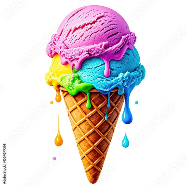 Obraz Melting Rainbow Ice Cream In Waffle Cone, Generative AI