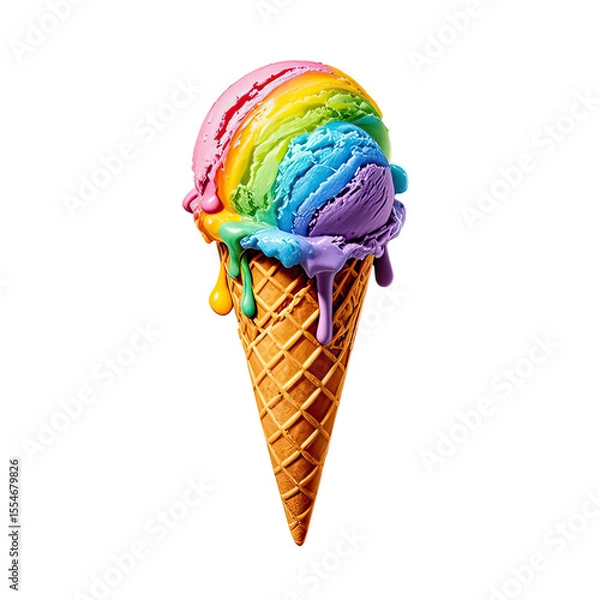 Obraz Melting Rainbow Ice Cream In Waffle Cone, Generative AI