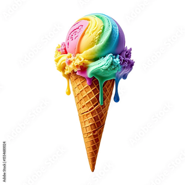 Obraz Melting Rainbow Ice Cream In Waffle Cone, Generative AI