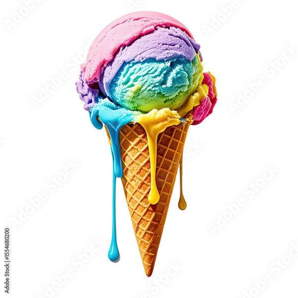 Obraz Melting Rainbow Ice Cream In Waffle Cone, Generative AI