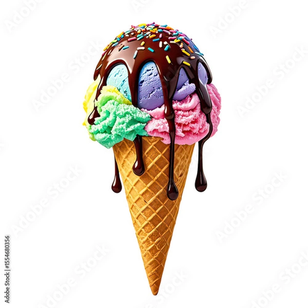 Obraz Melting Rainbow Ice Cream In Waffle Cone, Generative AI