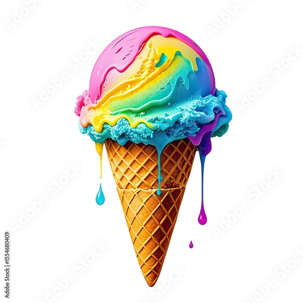 Obraz Melting Rainbow Ice Cream In Waffle Cone, Generative AI