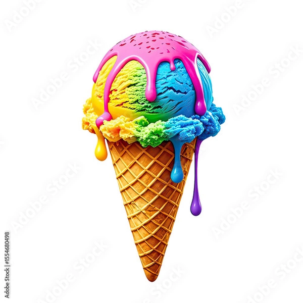 Obraz Melting Rainbow Ice Cream In Waffle Cone, Generative AI