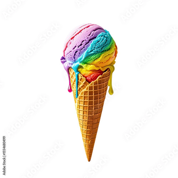 Obraz Melting Rainbow Ice Cream In Waffle Cone, Generative AI
