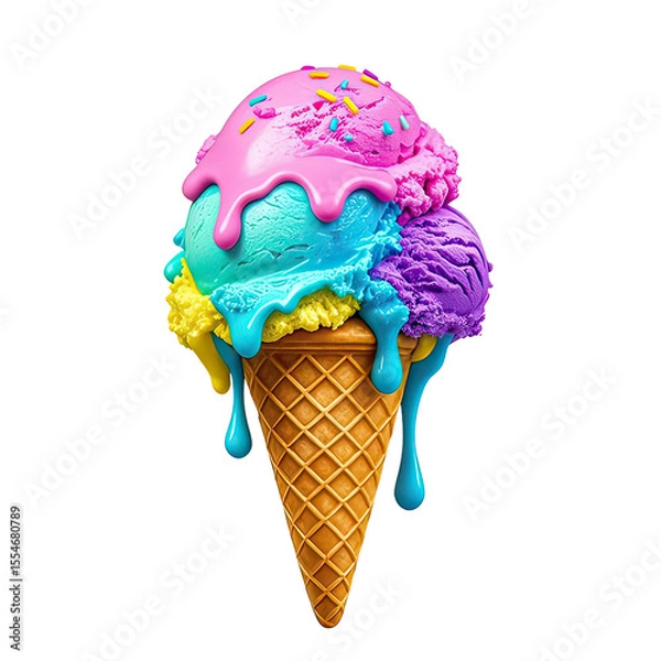 Obraz Melting Rainbow Ice Cream In Waffle Cone, Generative AI