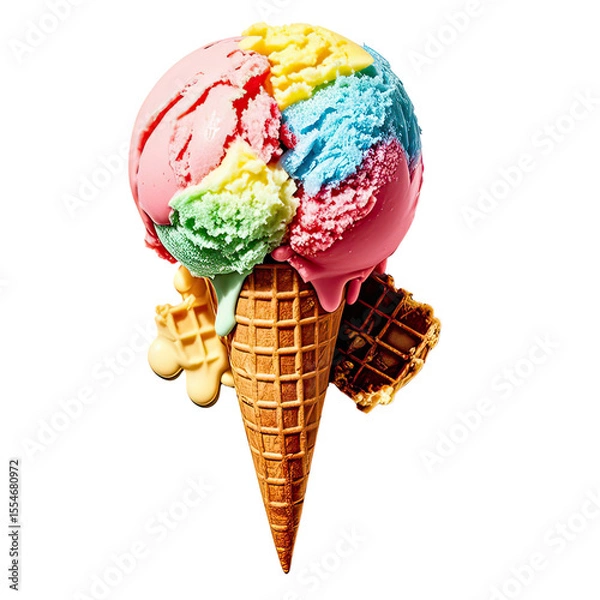 Obraz Melting Rainbow Ice Cream In Waffle Cone, Generative AI