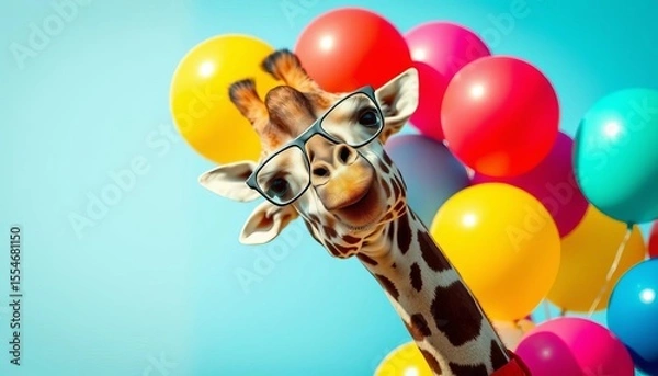 Fototapeta A giraffe in spectacles playfully poses amidst vibrant balloons,  stock photo,  backdrop