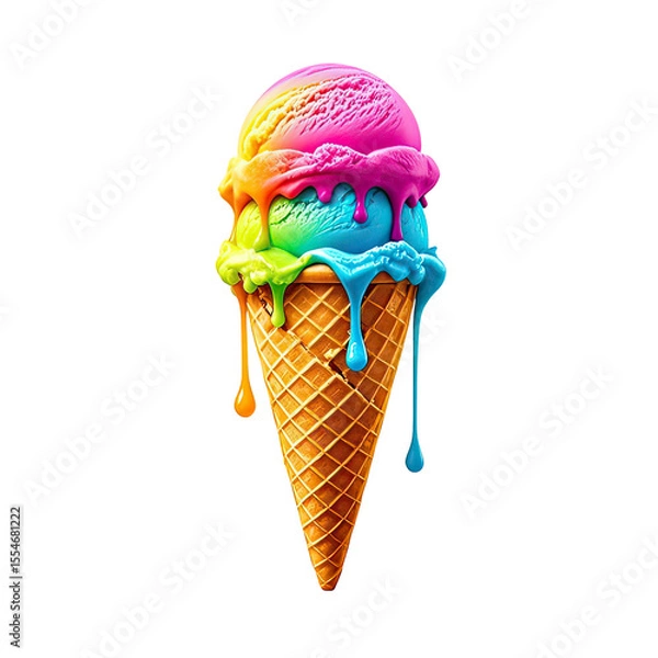 Obraz Melting Rainbow Ice Cream In Waffle Cone, Generative AI