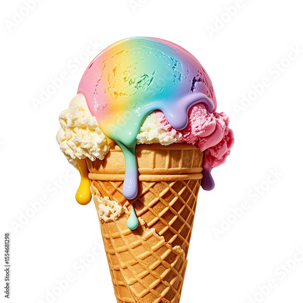 Obraz Melting Rainbow Ice Cream In Waffle Cone, Generative AI